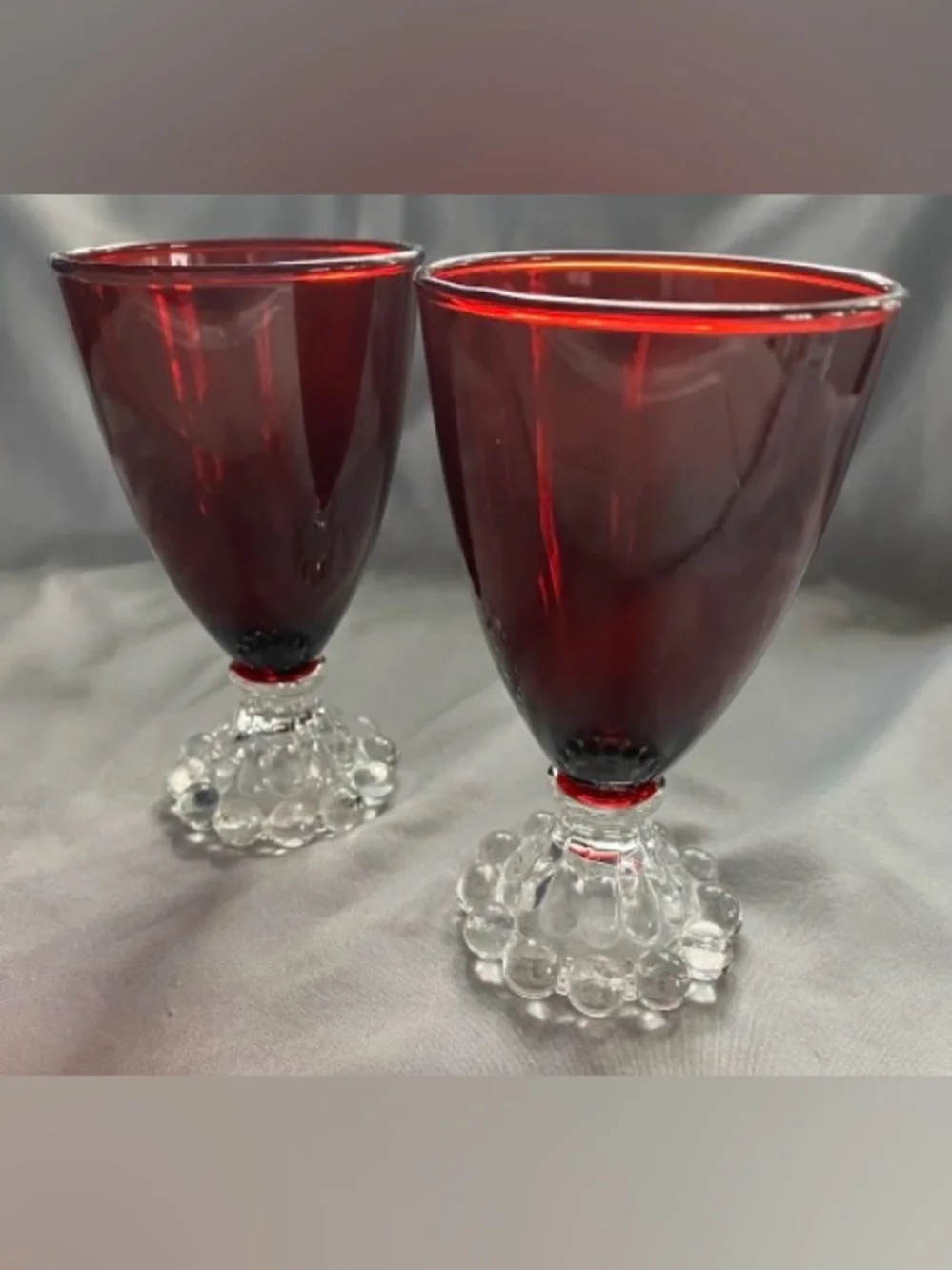 VTG 1950’s Anchor Hocking Ruby Red Small Goblets Bubblefooted Stems Set of 8